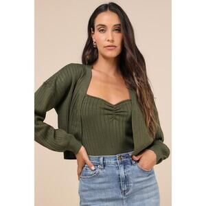 Lulus Cutest Duet Olive Green Knit Cami Top And Cardigan Sweater Set - Size M